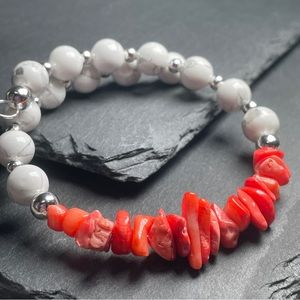 New Natural Pink Coral and Howlite Bangle Bracelet Cuff